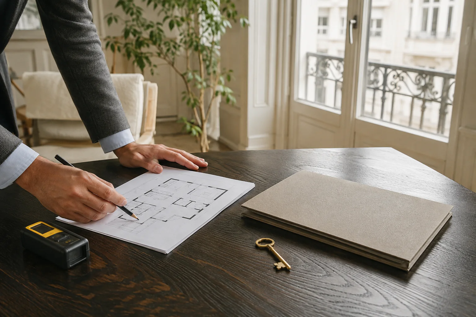Woningwaardering met meetlint, plattegrond en notities