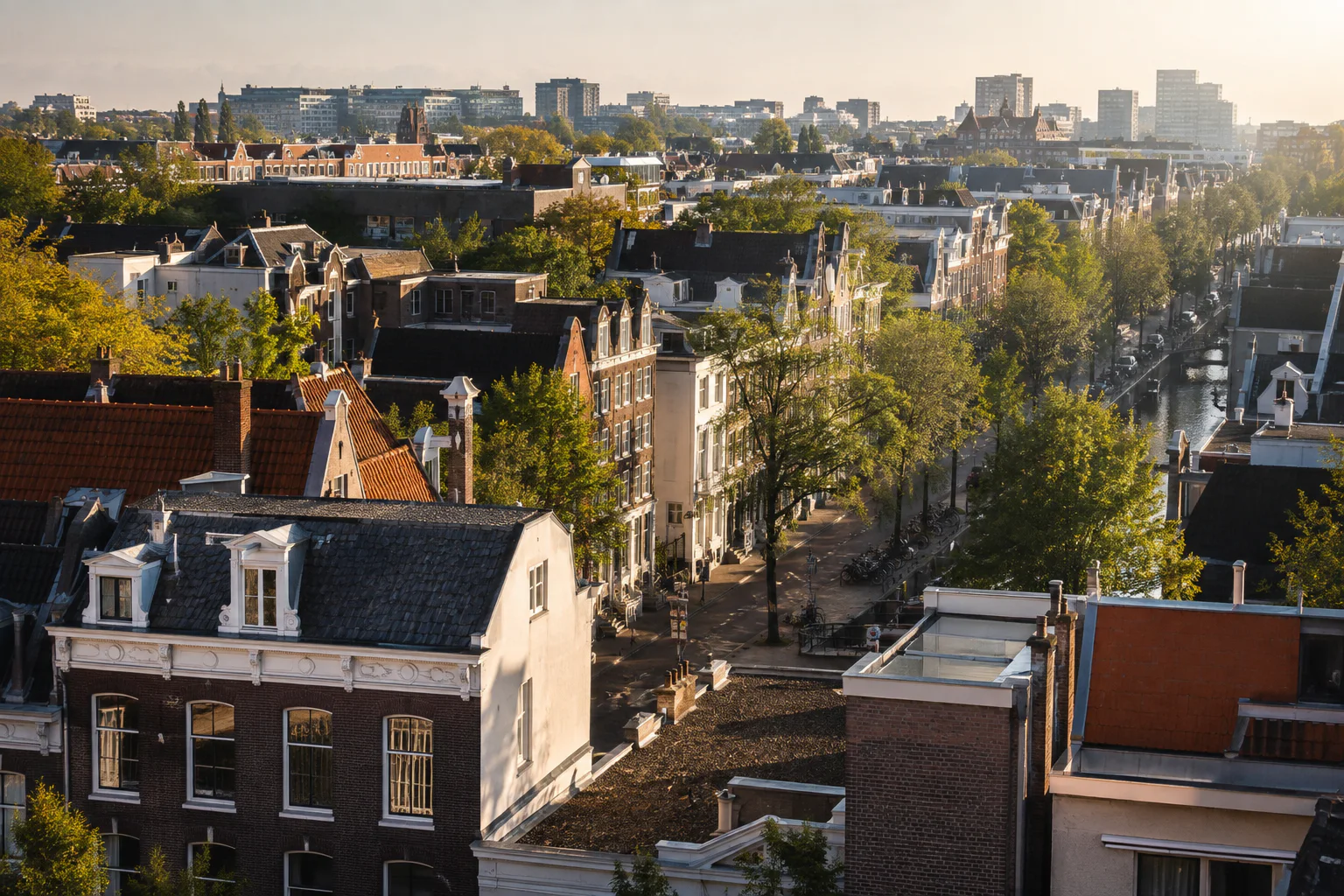 Amsterdamse gevels en daken in zacht ochtendlicht